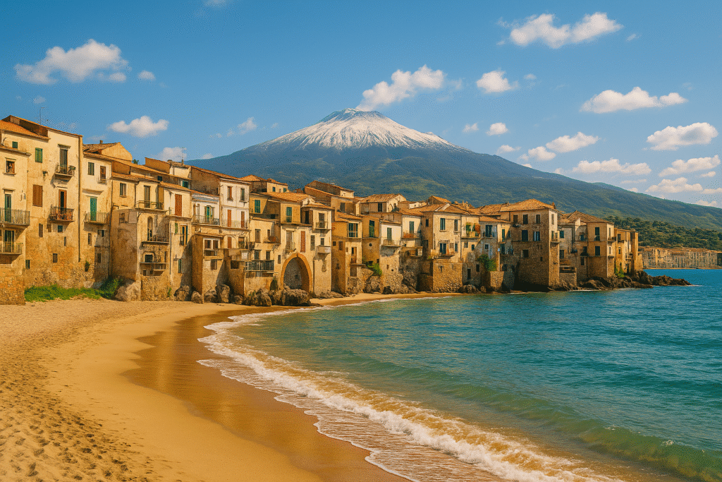 Sicily travel guide- panoramic view of a sicilian beach with Mount Etna in the background