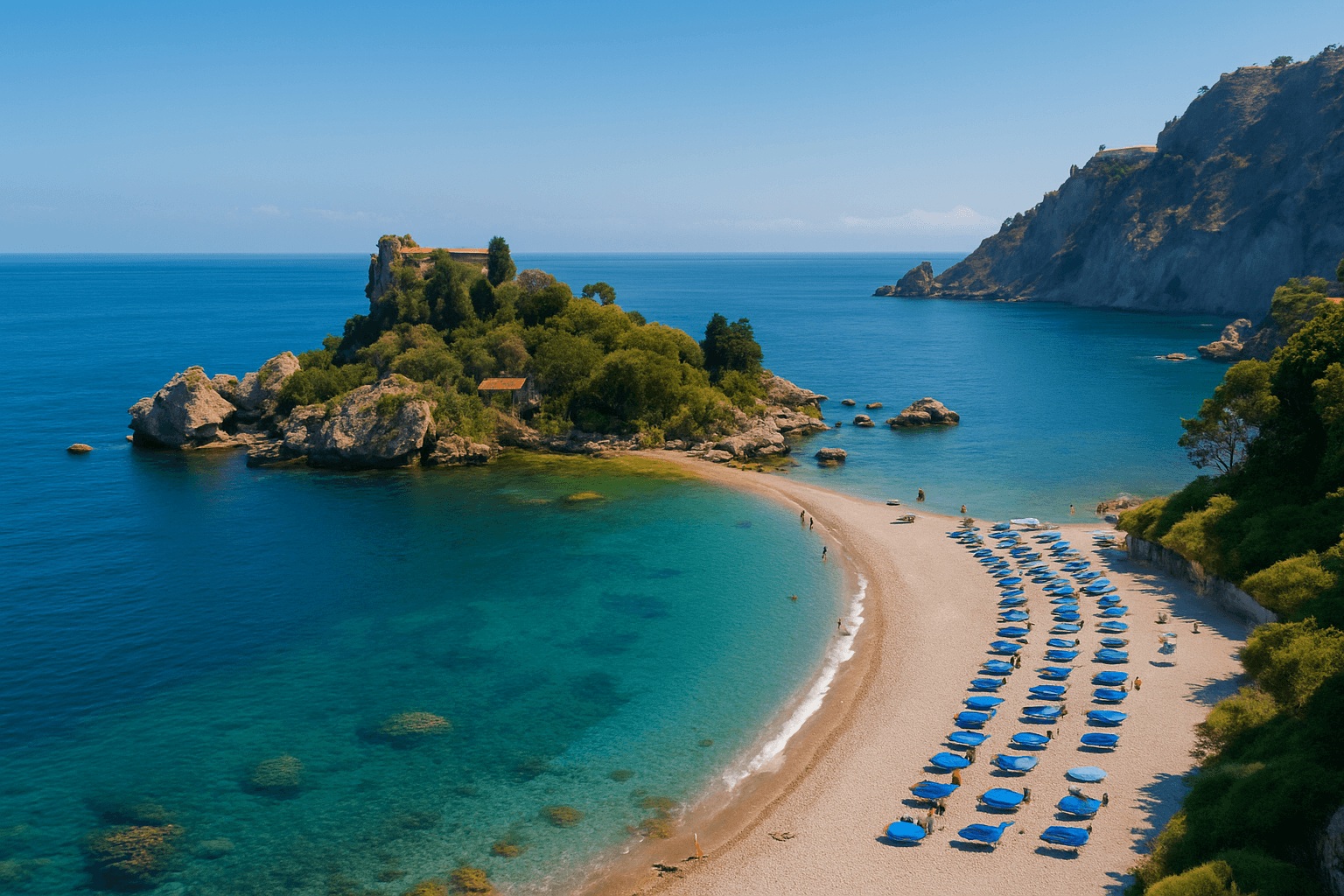 Isola Bella Beach, Taormina – Turquoise Bay & Sandy Cove Isola Bella beach in Taormina, Sicily – sandy cove and turquoise Ionian Sea with the green islet and coastal cliffs in the background