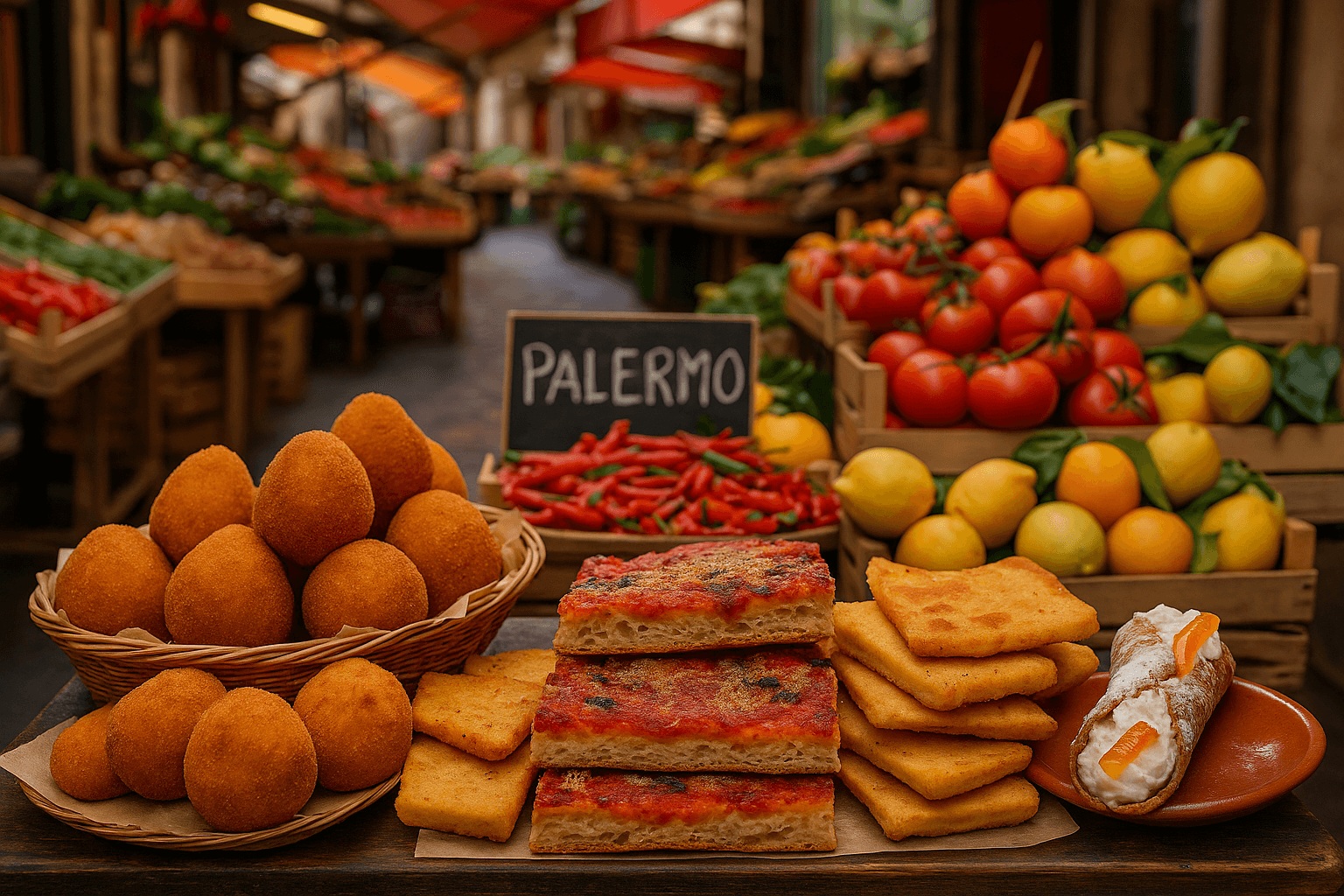 Palermo Street Food Guide – Arancini, Panelle, Sfincione & Cannoli Palermo street food: arancini, panelle, sfincione pizza, cannoli and colorful Sicilian market produce