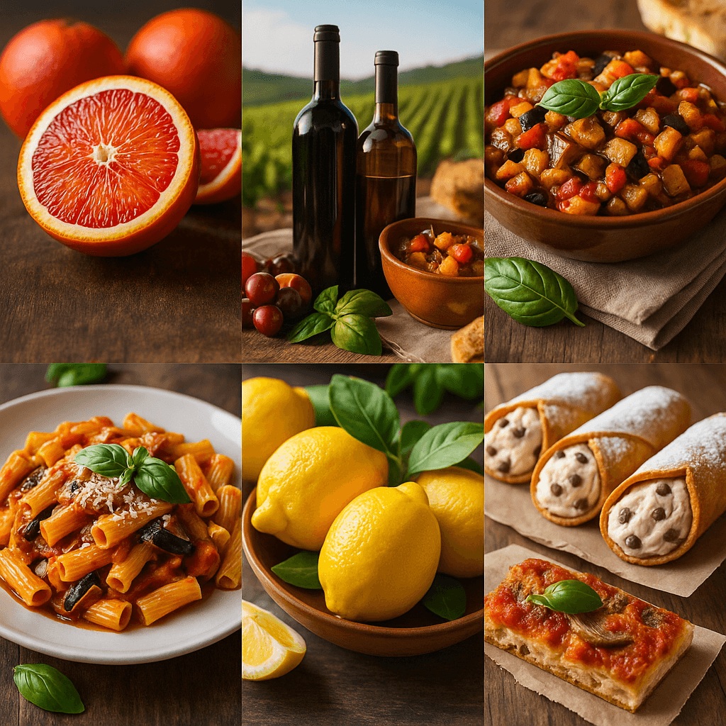 Authentic Sicilian Food and Wine – Pasta, Arancini, Cannoli & Etna Wines Collage of authentic Sicilian food and wine including Pasta alla Norma, Arancini, Cannoli, Caponata, blood oranges, lemons, Sfincione pizza and Etna red wine