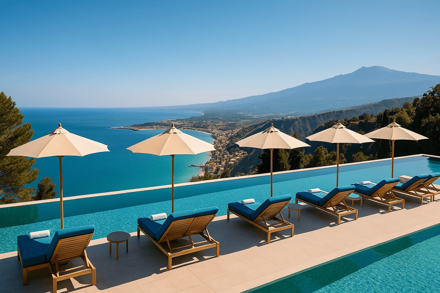 Taormina luxury hotel – infinity pool & sea view Infinity pool at a luxury hotel in Taormina, Sicily with sea view and Mount Etna in the distance