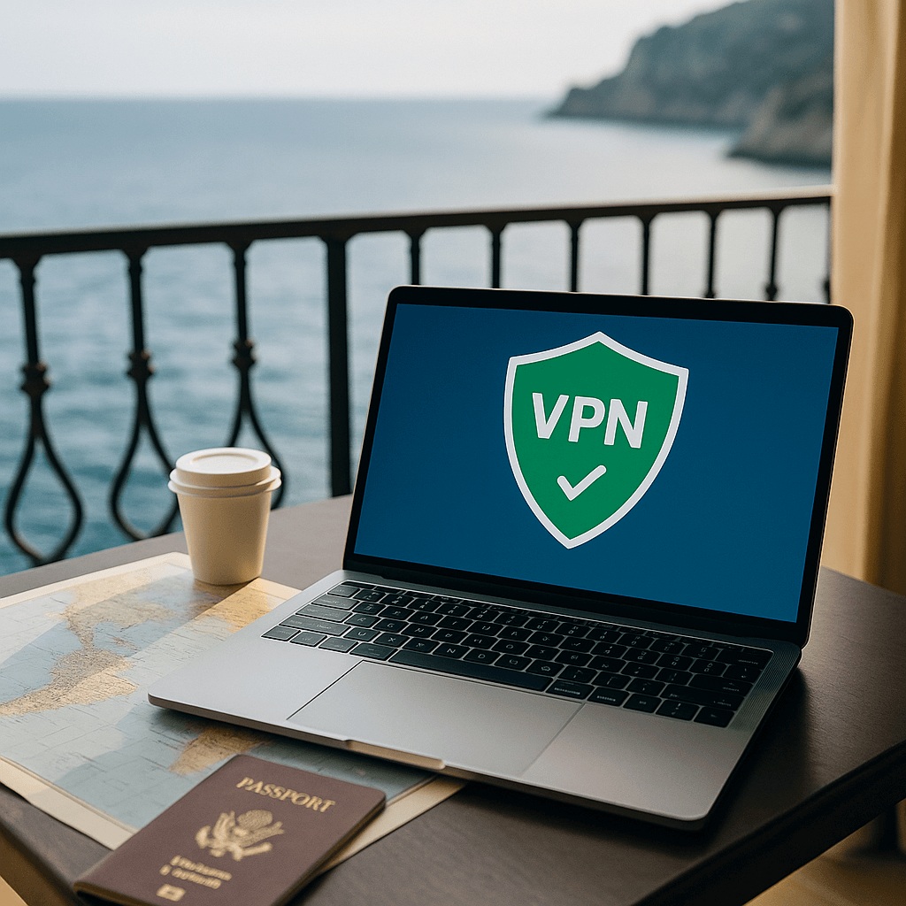 Best VPN for Travel 2025 – Safety, Savings & Streaming best vpn for travel 2025 used on a laptop in Sicily overlooking the Mediterranean Sea